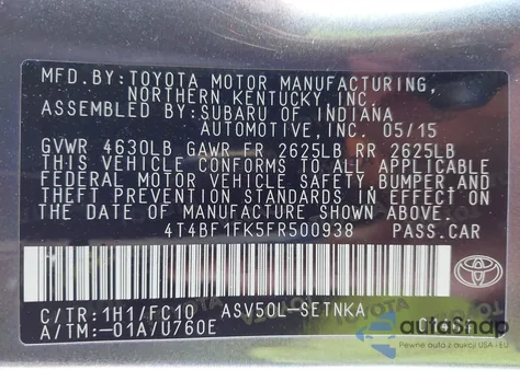 2015 Toyota Camry Le из США, поврежденный, VIN 4T4BF1FK5FR500938